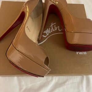 Christian Louboutin Nude Patent Peep-Toe Platform Pumps